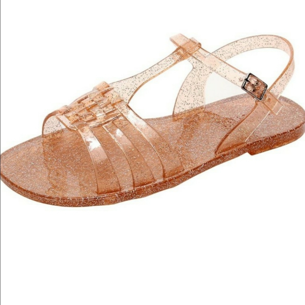 Women Sandals Jelly Shoes Flats/ T-Strap/ Clear Glitter Summer Beach Retro